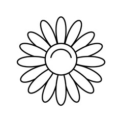 Daisy Outline Icon Vector with Round Center and Long Thin Petals in Clean Black Line Art Style on White Background for Botanical Designs