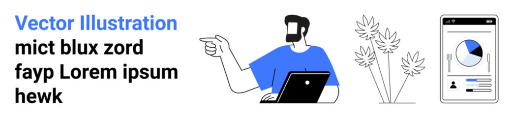 Man using laptop while pointing at data insights, surrounded by plants and smartphone screen showing analytics. Ideal for technology, business, productivity, analytics, teamwork, remote work, flat