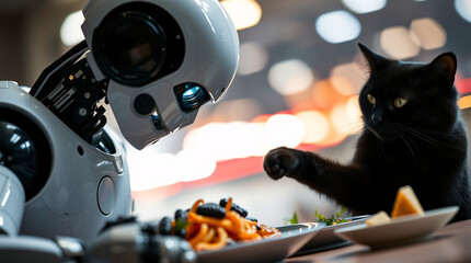 Fototapeta premium A robot serves food to a black cat, showcasing futuristic home automation and pet interaction in a modern setting.