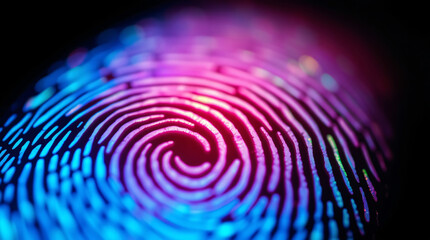A vibrant, neon-glowing fingerprint showcasing biometric security and futuristic technology for identification.