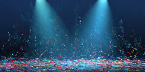 Colorful confetti falls on dark blue floor under spotlights, creating festive celebration scene, ideal for party invitations or celebratory background