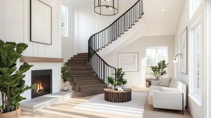 Modern home interior, spiral staircase, sunlight, plants, fireplace, living area, architectural design