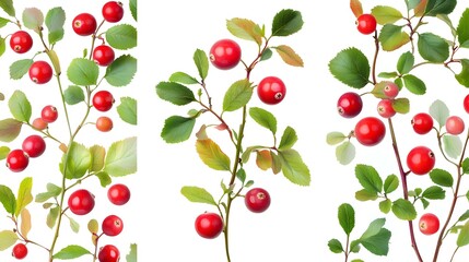 Three Views of Red Berries with Green Leaves on White Background
