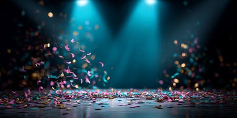 Dark teal background, confetti in pink, gold, and teal colors scattered on a floor, spotlights above, celebratory mood, perfect for party invitation or festive design