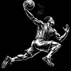 Black and white vector illustration of a basketball player jumping with a ball in his hand