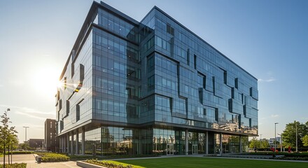 Obraz premium Modern Glass Building Exterior on Sunny Day Clear Sky