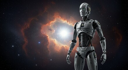 Fototapeta premium Robot Looking Out at Nebula in Space Background