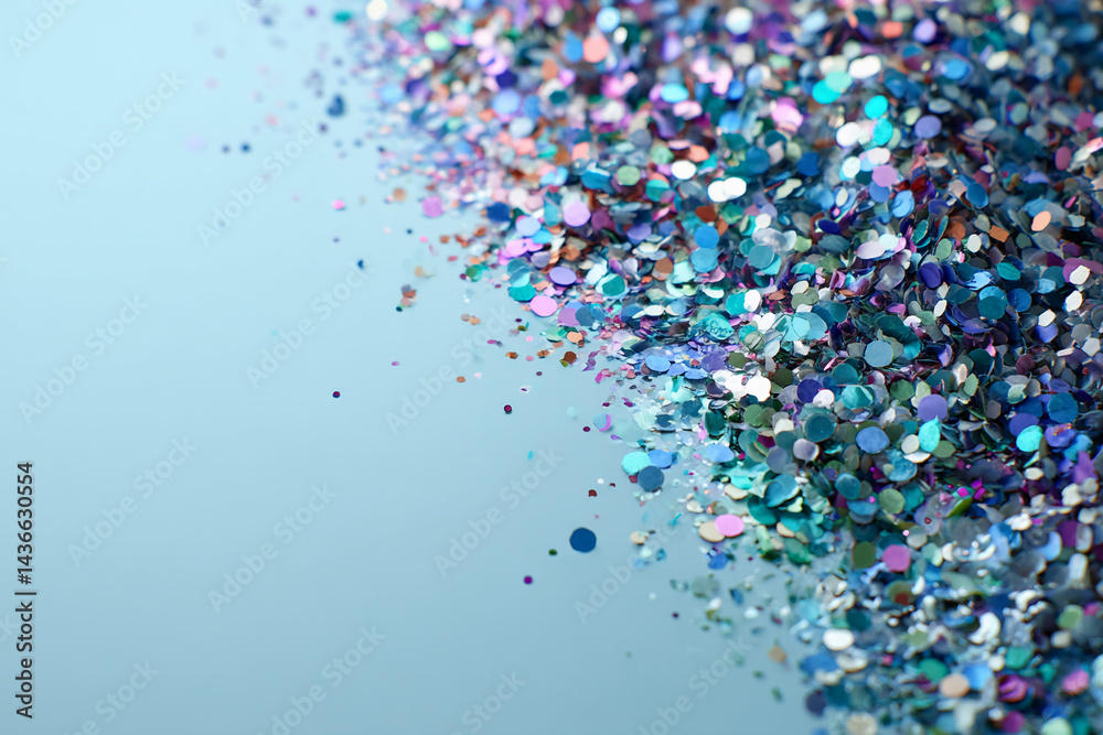 Poster scattered iridescent confetti on light-blue background, creating festive, celebratory mood free spac