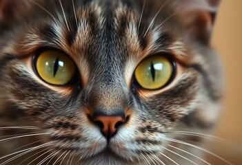close up of a cat's face with yellow eyes