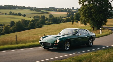 Obraz premium Classic Car Driving on Country Road Through Rolling Hills