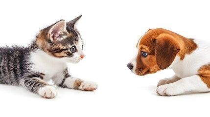 Obraz premium Fluffy Kitten and Puppy Playing Together on White Background