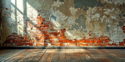 Obraz premium An artistic view of a worn wall with peeling paint and exposed bricks. Natural light creates a dramatic effect on the surface. Perfect for interior design and vintage decor. AI