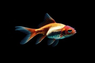 Obraz premium Close-up of a colorful goldfish against a black background. The fish displays vibrant hues of orange, red, and teal, with detailed fin structure