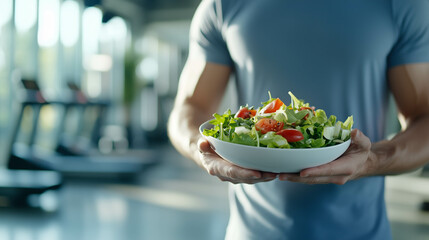 Athletic man holding fresh vegetable salad bowl in gym, concept of healthy eating and fitness lifestyle
