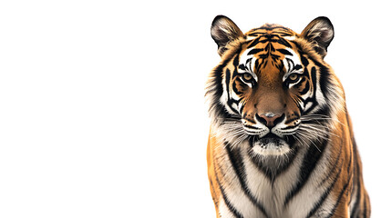 Obraz premium Front view of angry tiger face isolated on a white background. 