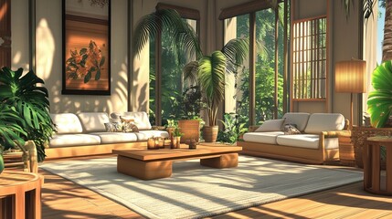 A spacious living room with large windows, showcasing an array of exotic plants and wooden furniture