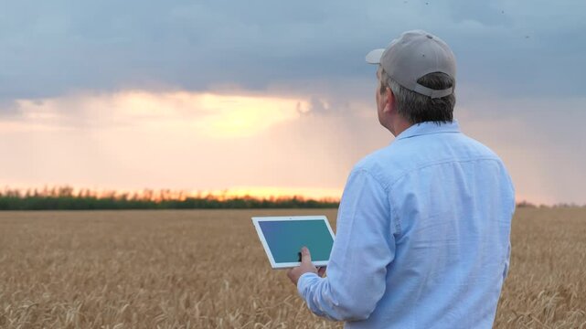 agriculture, wheat field, golden wheat farm field sunset, farmer sunset. concept agriculture. Farmer working digital tablet shut up. Summer wheat grains. ingathering. Farm business. People sunset.
