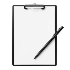 Clipboard with blank white sheet and black pen isolated on transparent background, office and business stationery concept
