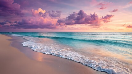 Magical tropical beach with a cotton-candy sunset sky, smooth wave edges and soothing sand color transition
