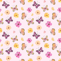 Seamless pattern with butterflies and flowers. Cute watercolor summer background with insects. Perfect for summer fabrics, textiles, wrapping paper.