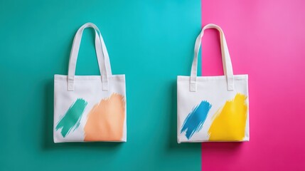 Colorful tote bags on vibrant background; eco-friendly shopping