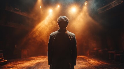 Rear view of actor standing alone on dimly lit theater stage under bright spotlights, symbolizing performance, ambition, creativity, and dramatic storytelling.