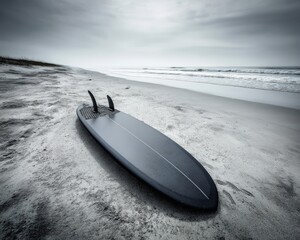 Matte black surfboard on a white sand beach, overcast grey skies with diffused light, soft ambient shadows and minimal tones