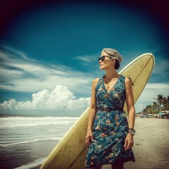 Mature woman in beachwear holding surfboard under bright blue skies, with tropical waves in the background and crisp HDR lighting