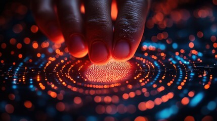 Close-up of hand scanning fingerprint on glowing digital interface, symbolizing cybersecurity, biometrics, identification, technology, and data protection.