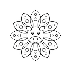 Outline drawing of cow face in sunflower petals for coloring book pages and educational resources