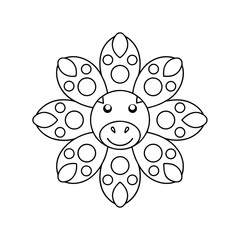 Cute sunflower coloring page with animal face and spots for childrens activities