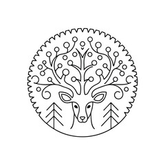 Deer head with ornamental tree antlers in minimalist line art style