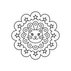 Mandala with cat head and star petals for coloring page or decoration