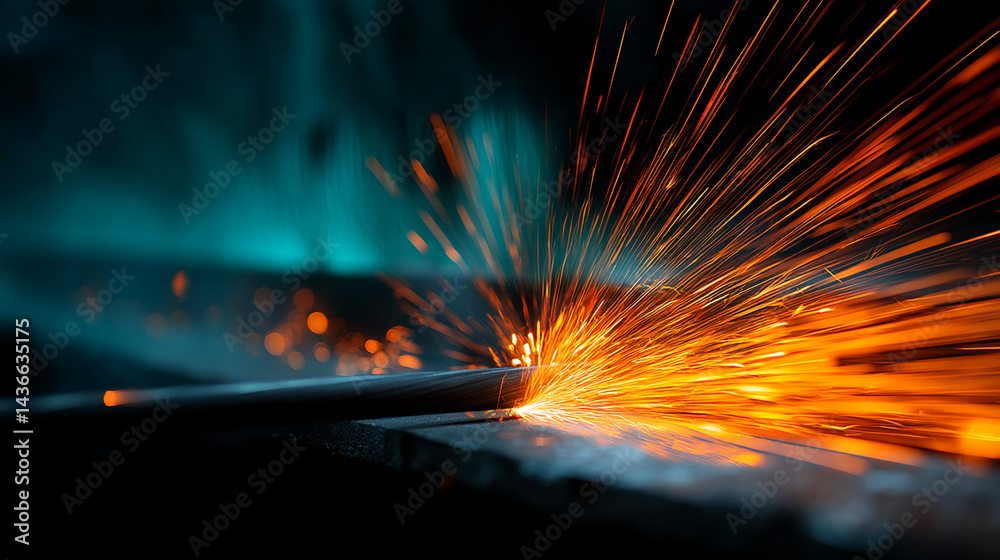Poster close-up of metal sparks, radiating outward, creating a dynamic and energetic image symbolizing indu