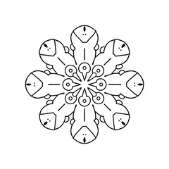 Abstract black and white snowflake illustration with geometric patterns on clean white background