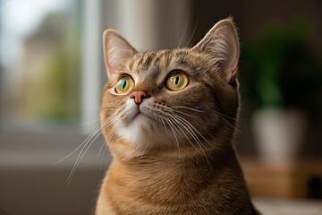 Beautiful tabby cat with golden eyes looking attentively near a window in a cozy home interior