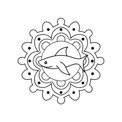 Black and white shark mandala design intricate circular pattern nautical theme coloring page