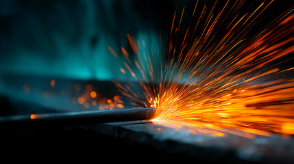 Close-up of metal sparks, radiating outward, creating a dynamic and energetic image symbolizing industry, power, and creation