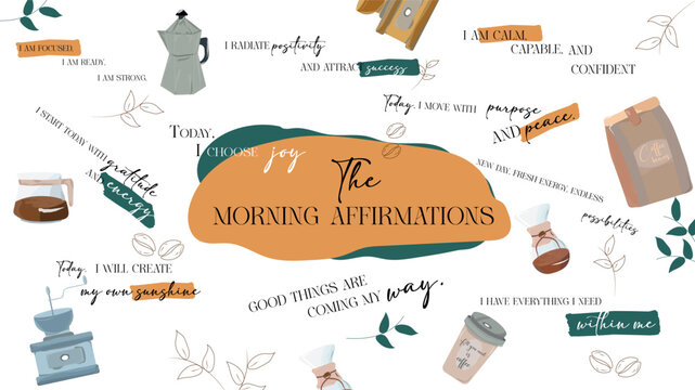 Set of daily affirmation, daily reminder. Morning affirmation mug. Print for mugs their, cases. Transparent background	
