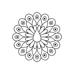 A black and white line drawing of a peacock feather mandala. Circular design, simple, elegant, perfect for coloring or meditation.