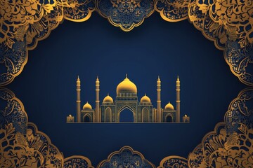 Golden mosque illustration on blue with ornate border