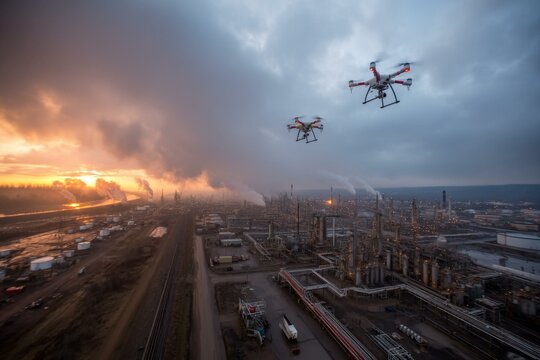 Two drones fly above industrial plant at dusk, inspecting infrastructure with pipes, smokestacks, and dramatic sky
