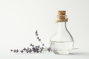 Glass bottle with liquid and lavender on a white surface
