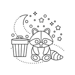 Cute raccoon with trash can and stars coloring page outline illustration vector image