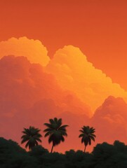 Photograph of a beautiful sunset with three palm trees in the foreground. the sky is filled with vibrant orange and yellow hues, with the sun setting in the background.