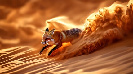 Fototapeta premium Realistic Fox in Motion Through the Desert Environment at Sunset