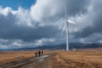Workers Walking Toward a Wind Turbine in Grassy Plains Under Dramatic Sky, Mountains in Background,...