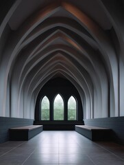 Fototapeta premium The interior of a church with a high arched ceiling. the ceiling is made up of multiple arches that are arranged in a symmetrical pattern, creating a sense of depth and dimension.