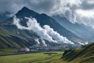 Geothermal plant releasing steam amidst rolling green hills and mountains under a cloudy sky, showcasing energy production