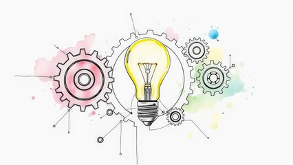 sketch of a light bulb surrounded by interlocking gears